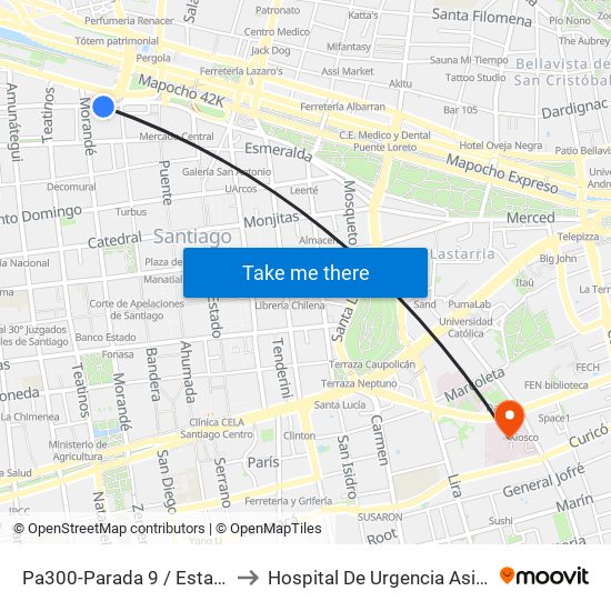 Pa300-Parada 9 / Estación Mapocho to Hospital De Urgencia Asistencia Pública map