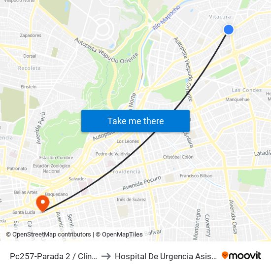 Pc257-Parada 2 / Clínica Alemana to Hospital De Urgencia Asistencia Pública map