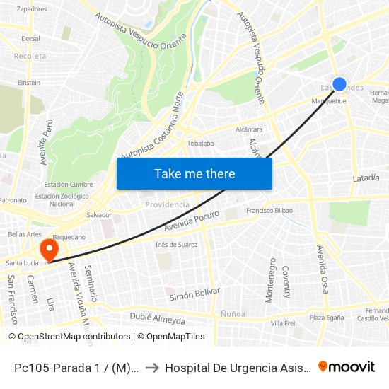 Pc105-Parada 1 / (M) Manquehue to Hospital De Urgencia Asistencia Pública map