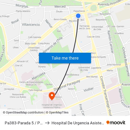 Pa383-Parada 5 / Plaza Italia to Hospital De Urgencia Asistencia Pública map