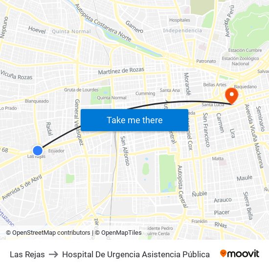 Las Rejas to Hospital De Urgencia Asistencia Pública map