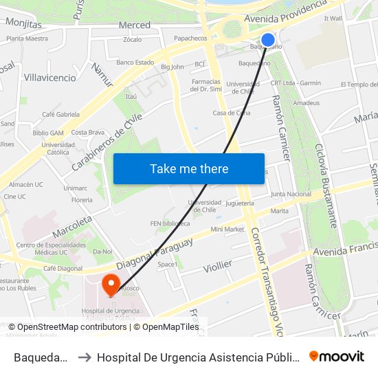 Baquedano to Hospital De Urgencia Asistencia Pública map