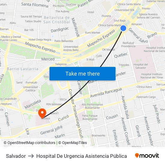 Salvador to Hospital De Urgencia Asistencia Pública map