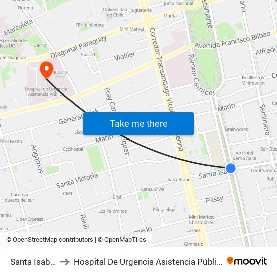 Santa Isabel to Hospital De Urgencia Asistencia Pública map