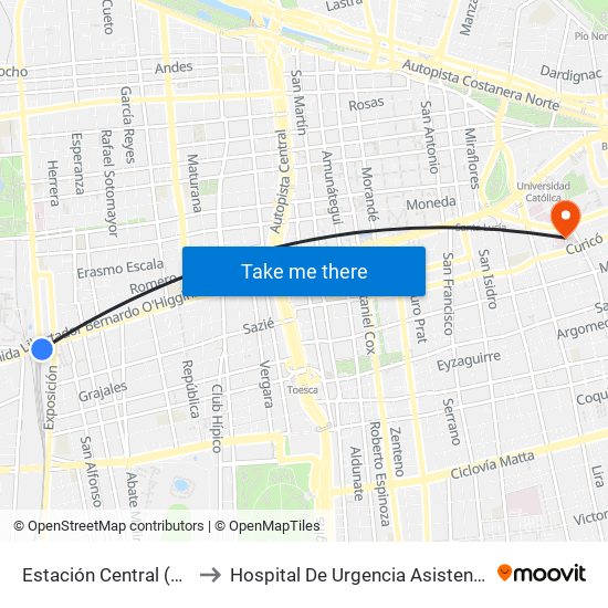 Estación Central (Anden1) to Hospital De Urgencia Asistencia Pública map