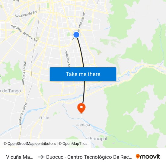 Vicuña Mackenna to Duocuc - Centro Tecnológico De Recursos Naturales map