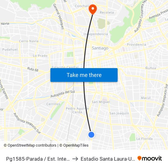 Pg1585-Parada / Est. Intermodal Lo Ovalle to Estadio Santa Laura-Universidad Sek map