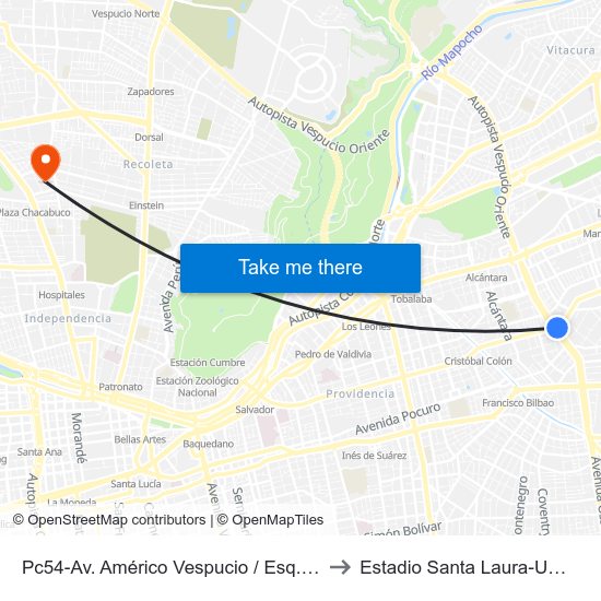 Pc54-Av. Américo Vespucio / Esq. Av. Cristóbal Colón to Estadio Santa Laura-Universidad Sek map