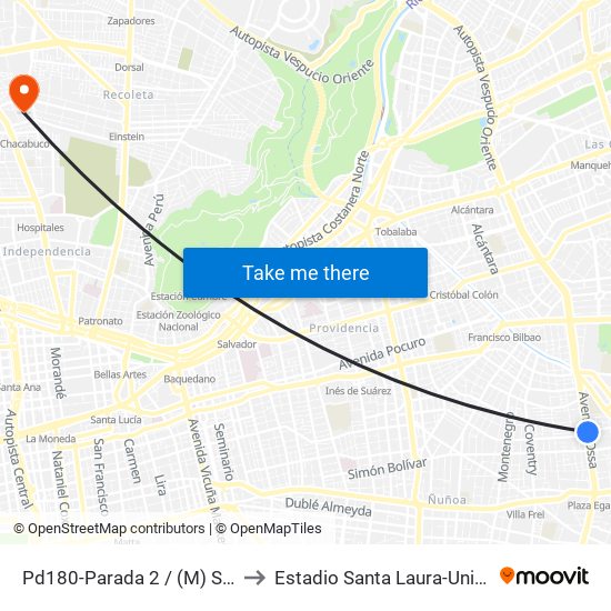 Pd180-Parada 2 / (M) Simón Bolívar to Estadio Santa Laura-Universidad Sek map