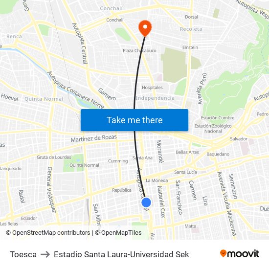 Toesca to Estadio Santa Laura-Universidad Sek map