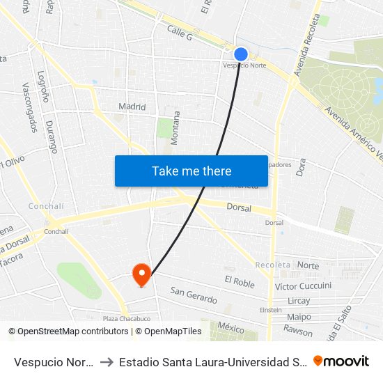 Vespucio Norte to Estadio Santa Laura-Universidad Sek map