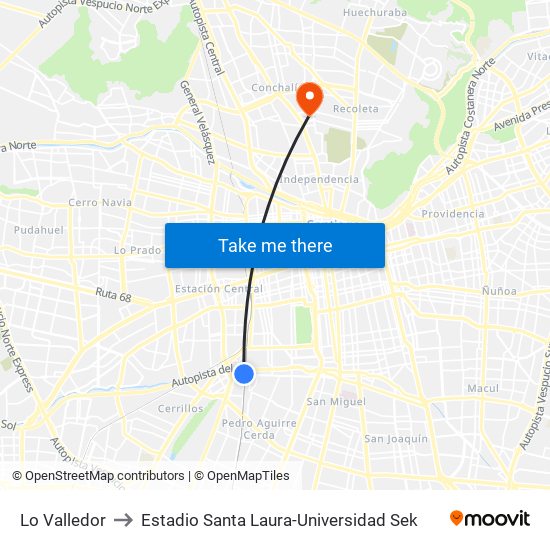 Lo Valledor to Estadio Santa Laura-Universidad Sek map