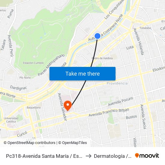 Pc318-Avenida Santa María / Esq. Av. Pedro De Valdivia to Dermatología / Infectología map