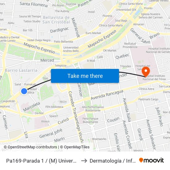 Pa169-Parada 1 / (M) Universidad Católica to Dermatología / Infectología map