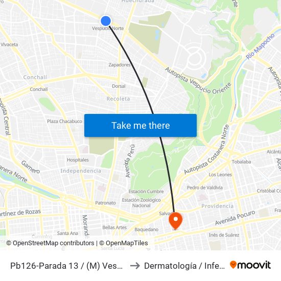 Pb126-Parada 13 / (M) Vespucio Norte to Dermatología / Infectología map