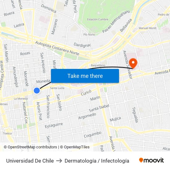 Universidad De Chile to Dermatología / Infectología map