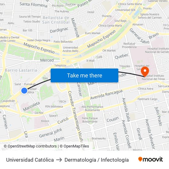 Universidad Católica to Dermatología / Infectología map