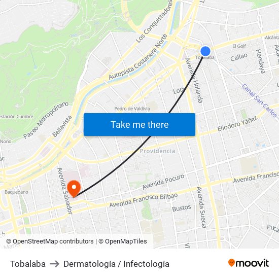 Tobalaba to Dermatología / Infectología map