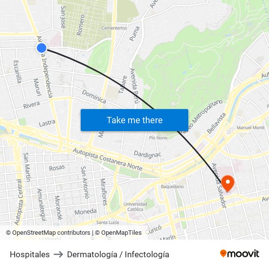 Hospitales to Dermatología / Infectología map