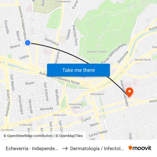 Echeverría - Independencia to Dermatología / Infectología map