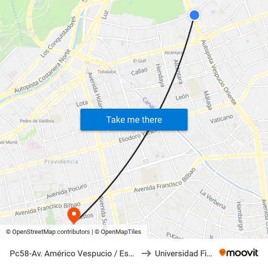 Pc58-Av. Américo Vespucio / Esq. Av. Pdte. Riesco to Universidad Finis Terrae map