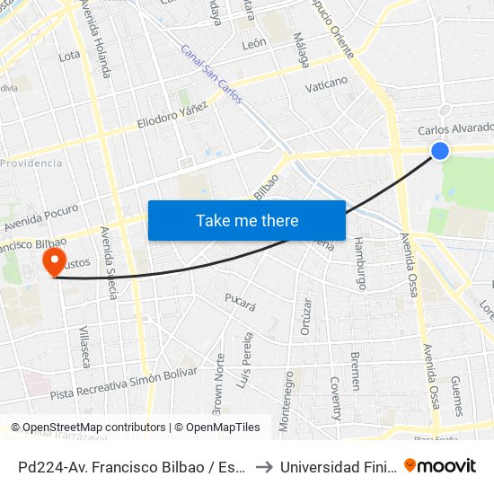 Pd224-Av. Francisco Bilbao / Esq. Av. S. Elcano to Universidad Finis Terrae map