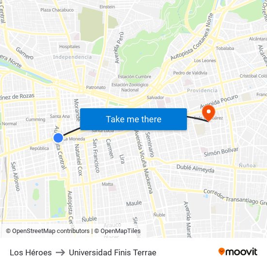 Los Héroes to Universidad Finis Terrae map