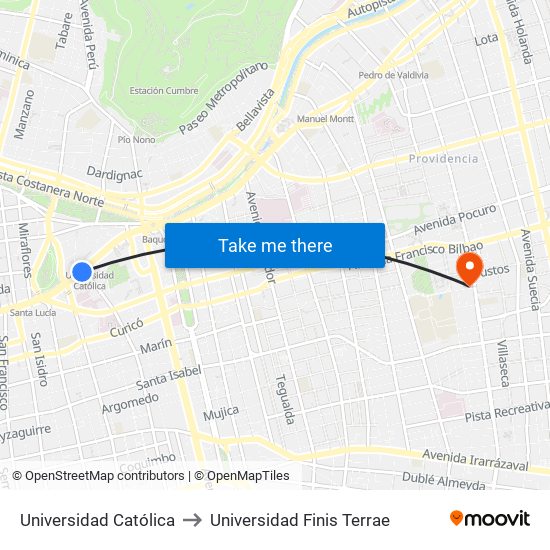 Universidad Católica to Universidad Finis Terrae map