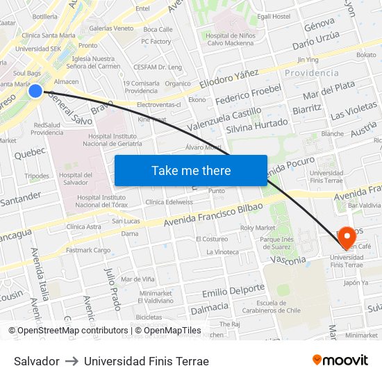 Salvador to Universidad Finis Terrae map