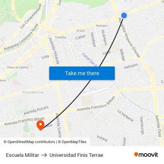 Escuela Militar to Universidad Finis Terrae map