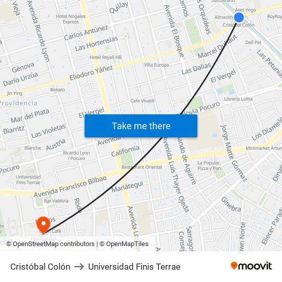 Cristóbal Colón to Universidad Finis Terrae map