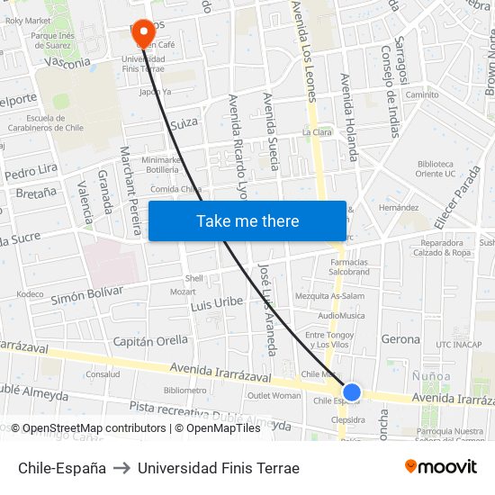 Chile-España to Universidad Finis Terrae map