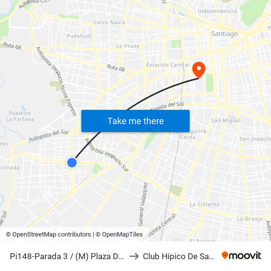 Pi148-Parada 3 / (M) Plaza De Maipú to Club Hípico De Santiago map