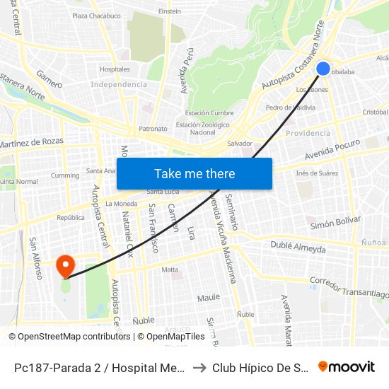 Pc187-Parada 2 / Hospital Metropolitano to Club Hípico De Santiago map