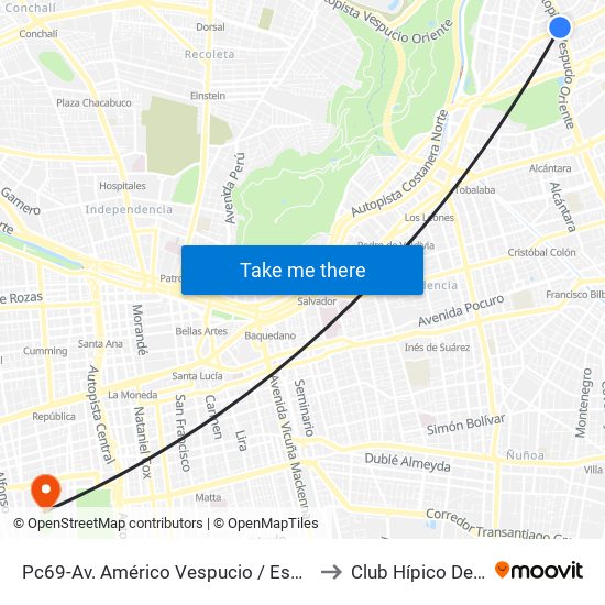 Pc69-Av. Américo Vespucio / Esq. Avenida Vitacura to Club Hípico De Santiago map