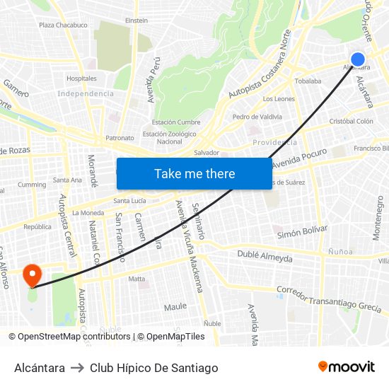 Alcántara to Club Hípico De Santiago map