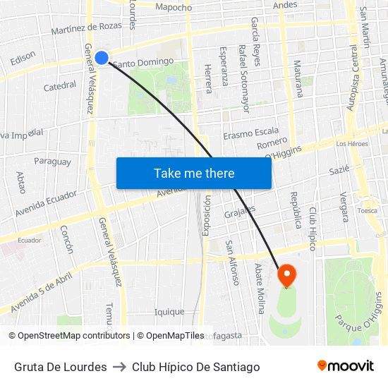 Gruta De Lourdes to Club Hípico De Santiago map