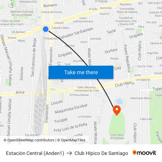 Estación Central (Anden1) to Club Hípico De Santiago map