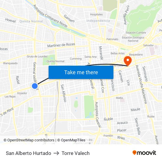 San Alberto Hurtado to Torre Valech map