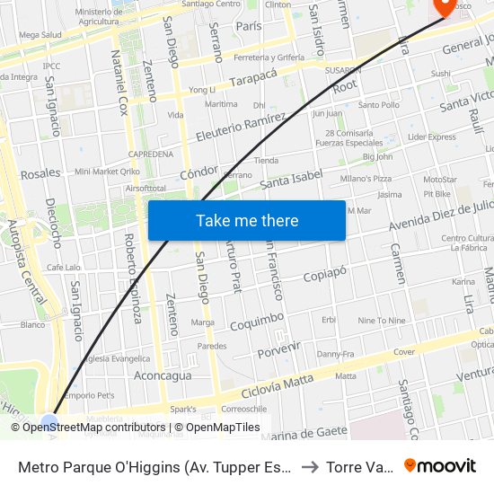 Metro Parque O'Higgins (Av. Tupper Esq. Av. Viel) to Torre Valech map