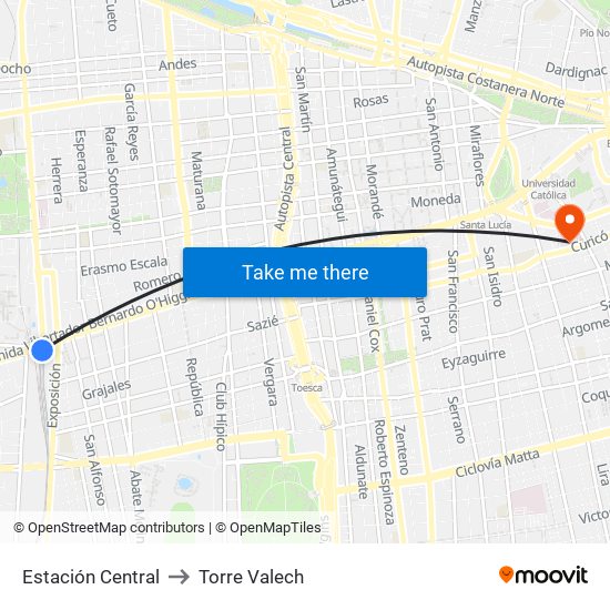 Estación Central to Torre Valech map