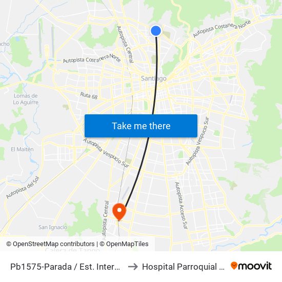 Pb1575-Parada / Est. Intermodal Vespucio Norte to Hospital Parroquial De San Bernardo map