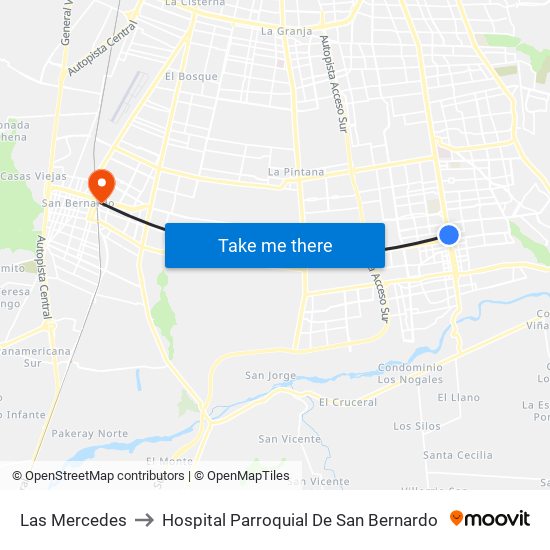 Las Mercedes to Hospital Parroquial De San Bernardo map