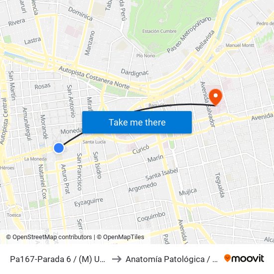 Pa167-Parada 6 / (M) Universidad De Chile to Anatomía Patológica / Lab Microbiología map