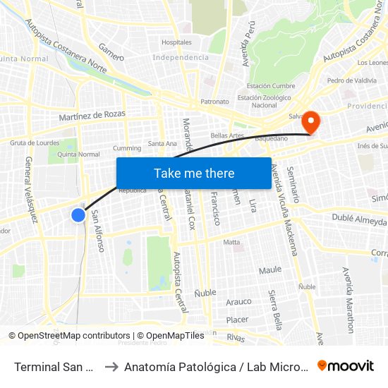 Terminal San Borja to Anatomía Patológica / Lab Microbiología map