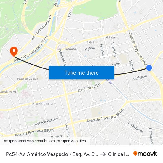 Pc54-Av. Américo Vespucio / Esq. Av. Cristóbal Colón to Clínica Indisa map