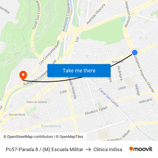 Pc57-Parada 8 / (M) Escuela Militar to Clínica Indisa map