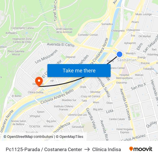 Pc1125-Parada / Costanera Center to Clínica Indisa map