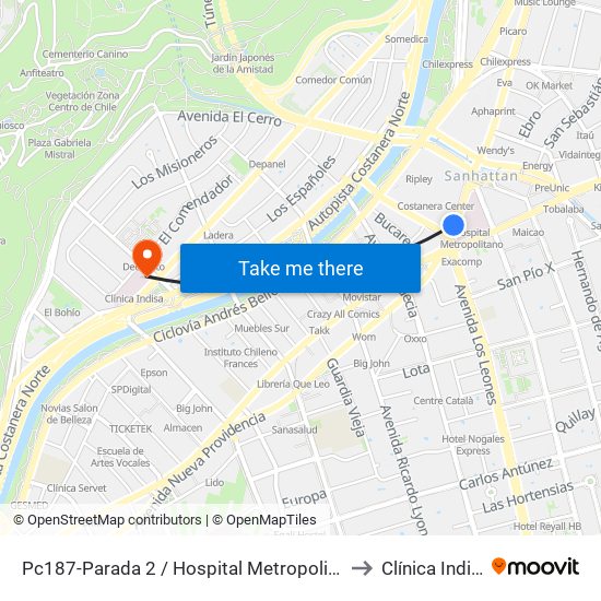 Pc187-Parada 2 / Hospital Metropolitano to Clínica Indisa map