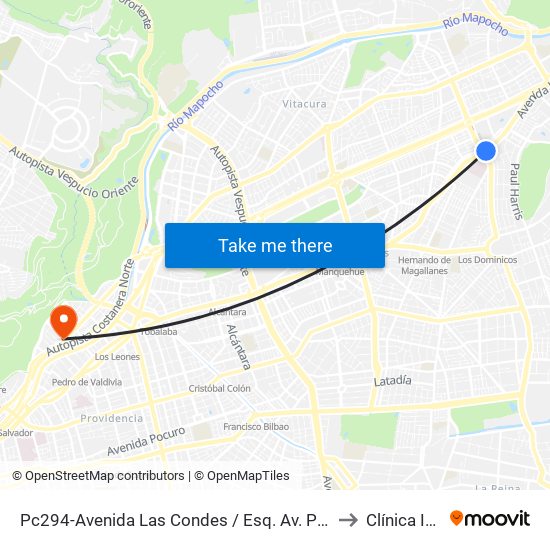 Pc294-Avenida Las Condes / Esq. Av. Padre H. Central to Clínica Indisa map